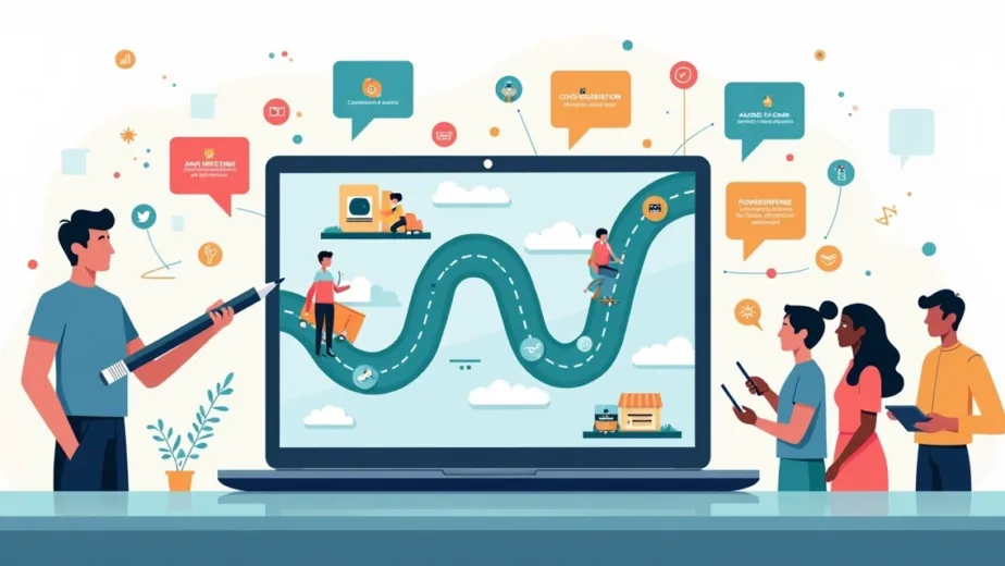 Ilustração conceitual de storytelling conectando marca digital e clientes em ecommerce