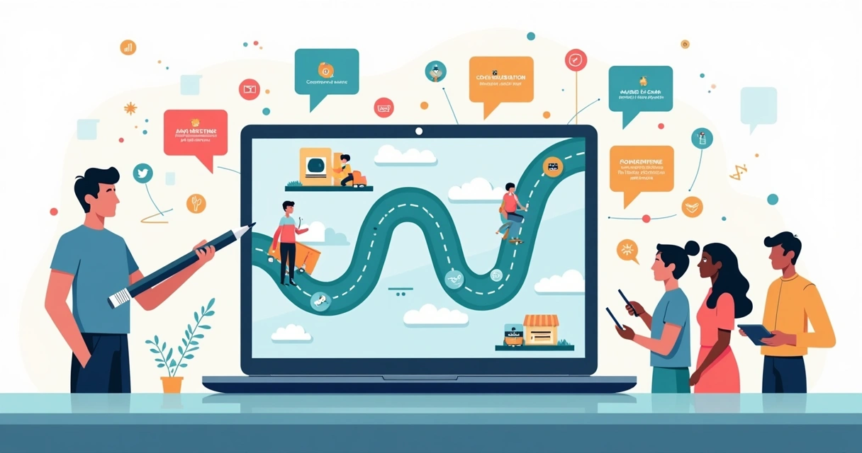 Ilustração conceitual de storytelling conectando marca digital e clientes em ecommerce